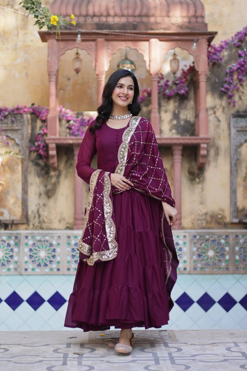 Good Looking Sequins Embroidered Work Maroon Color Gown With Dupatta