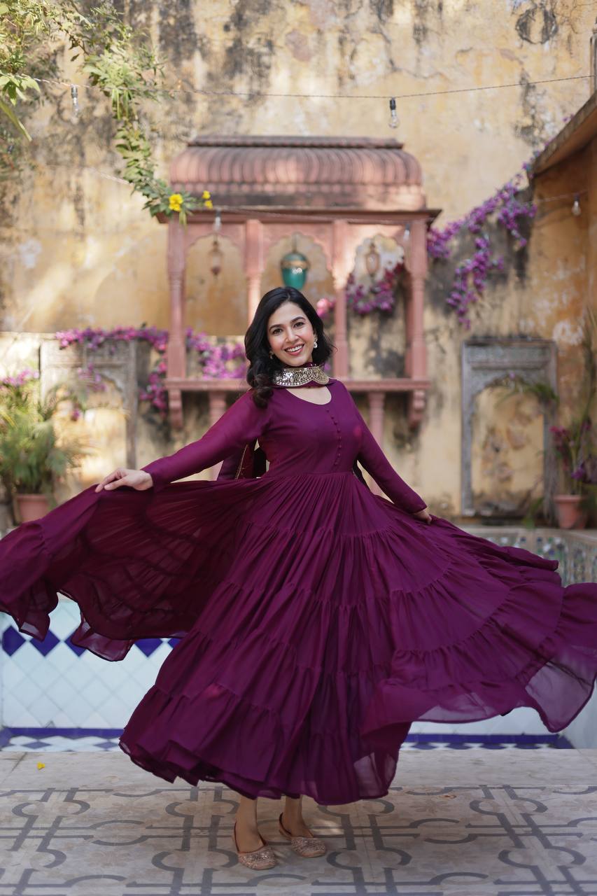 Good Looking Sequins Embroidered Work Maroon Color Gown With Dupatta