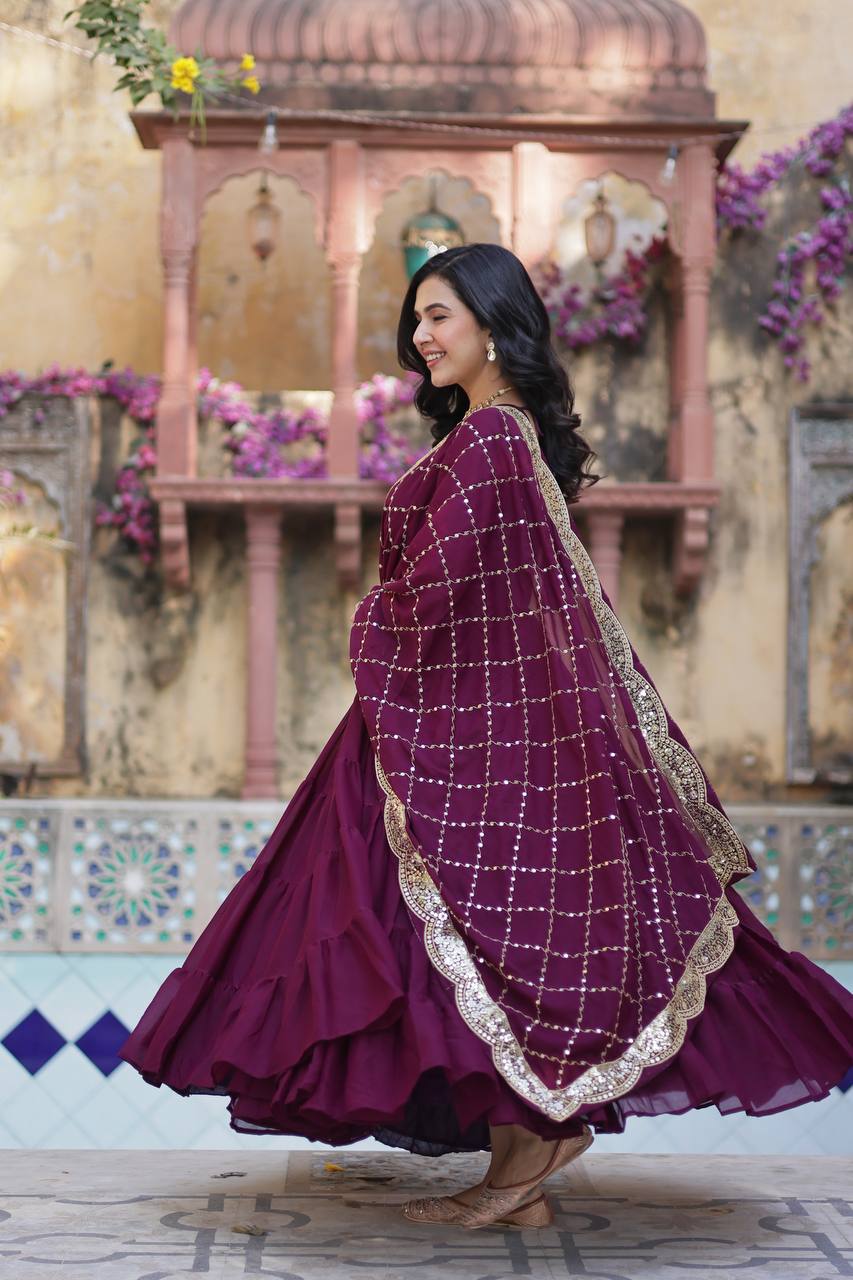 Good Looking Sequins Embroidered Work Maroon Color Gown With Dupatta