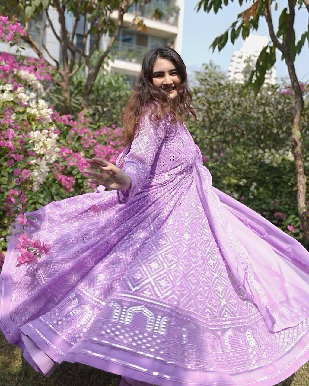 Graceful Thread Embroidered Work Purple Color Gown