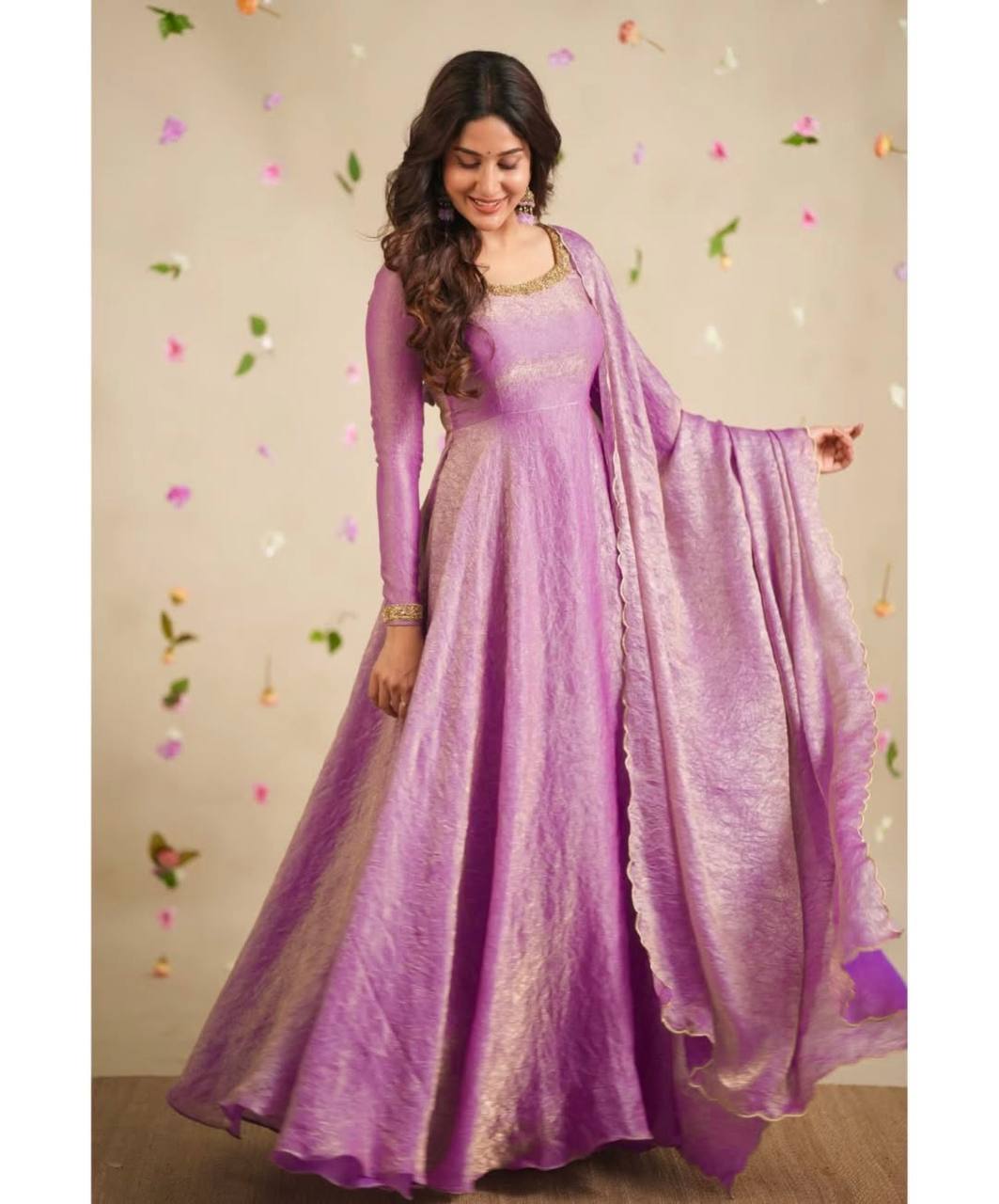 Delightful Embroidery Lavender Color Anarkali Gown with Dupatta