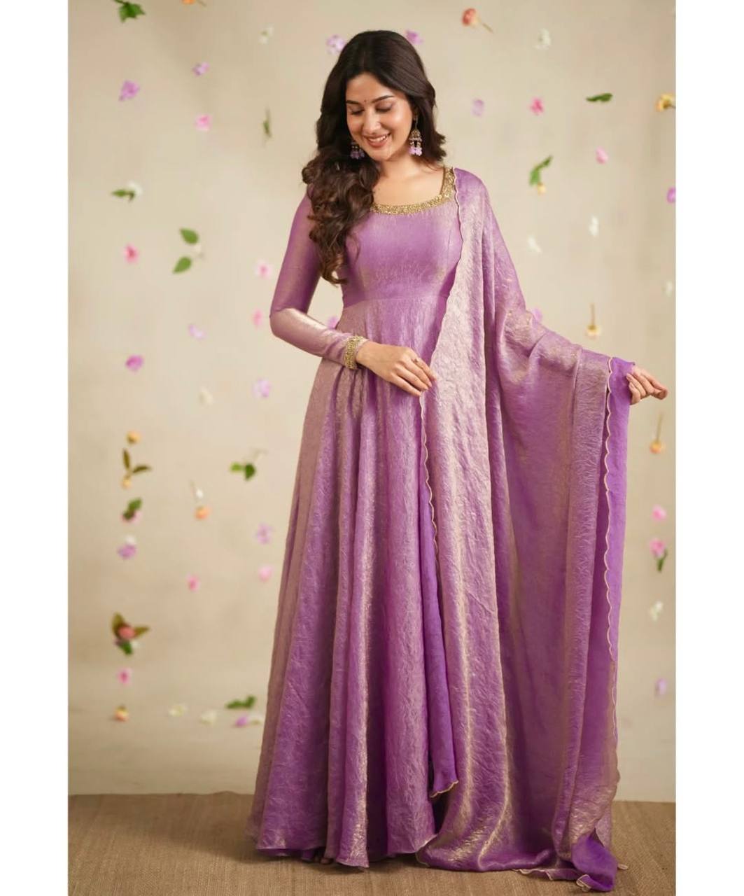 Delightful Embroidery Lavender Color Anarkali Gown with Dupatta