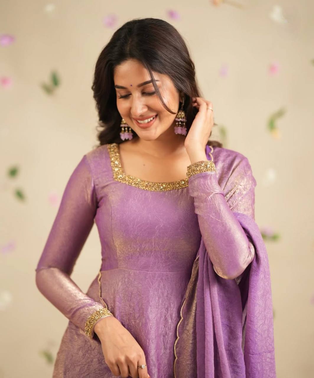 Delightful Embroidery Lavender Color Anarkali Gown with Dupatta