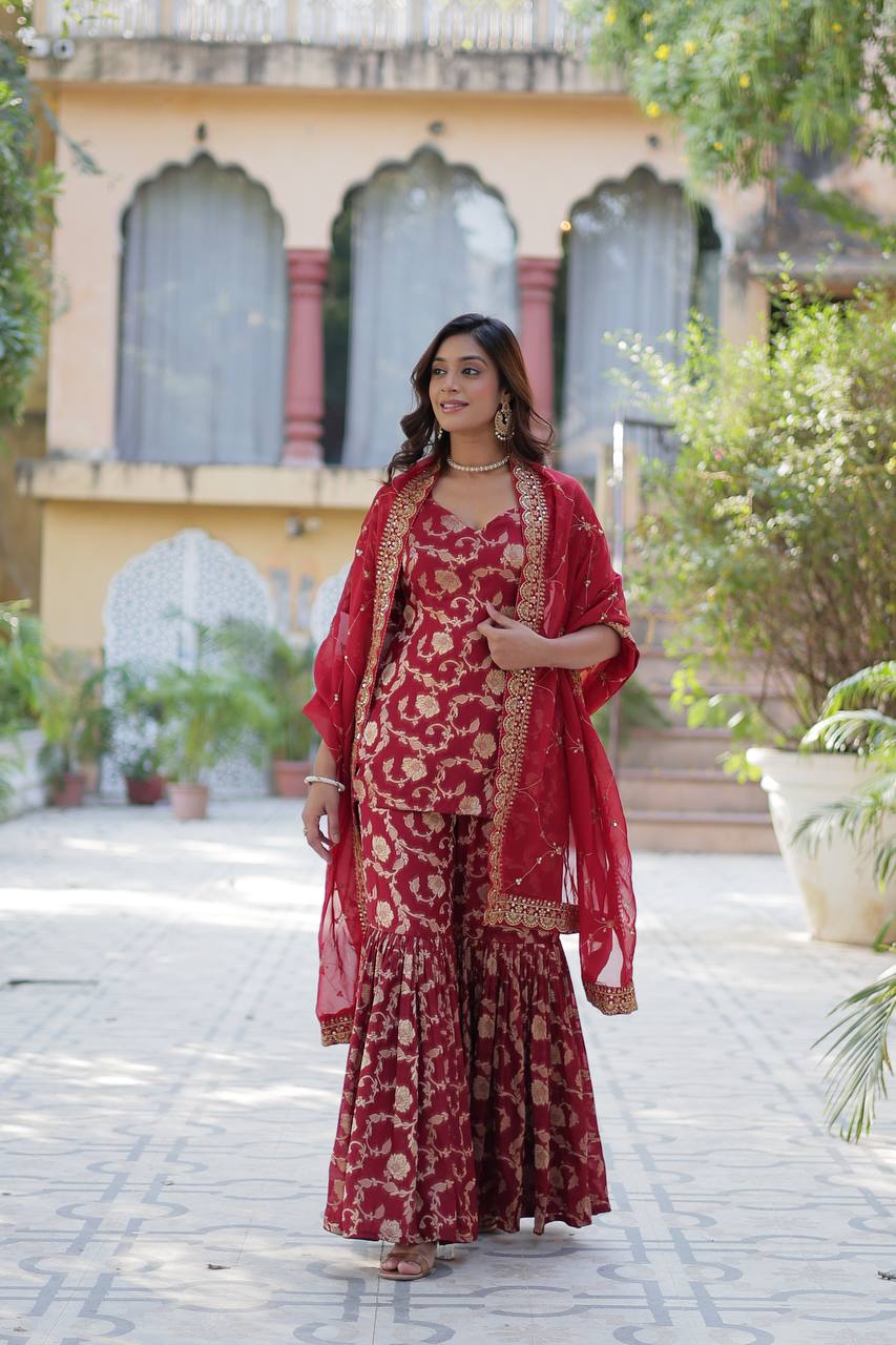 Pattern Wedding & Party Wear Georgette Maroon Color Sharara Suit