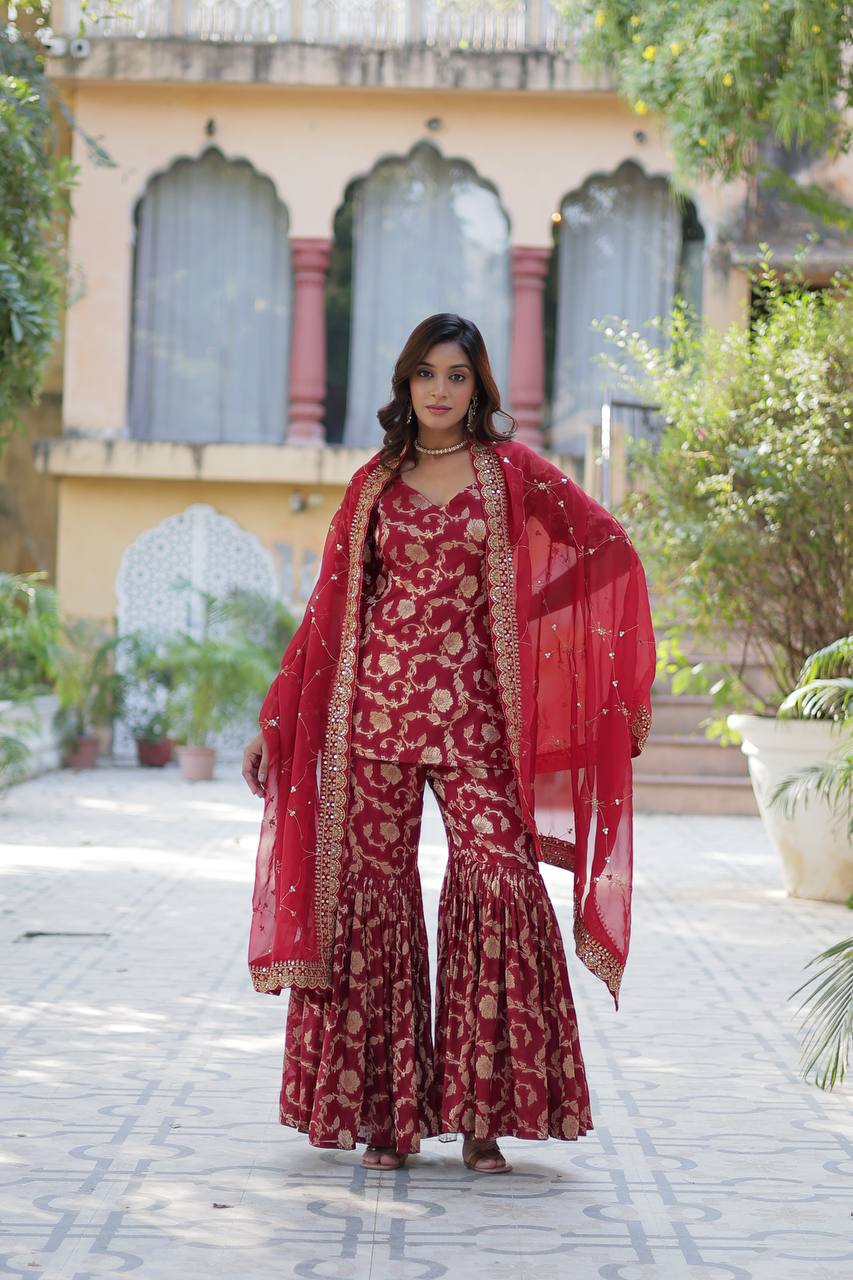 Pattern Wedding & Party Wear Georgette Maroon Color Sharara Suit