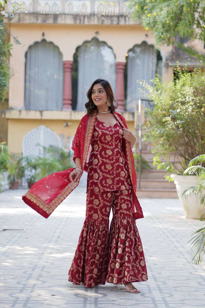 Pattern Wedding & Party Wear Georgette Maroon Color Sharara Suit