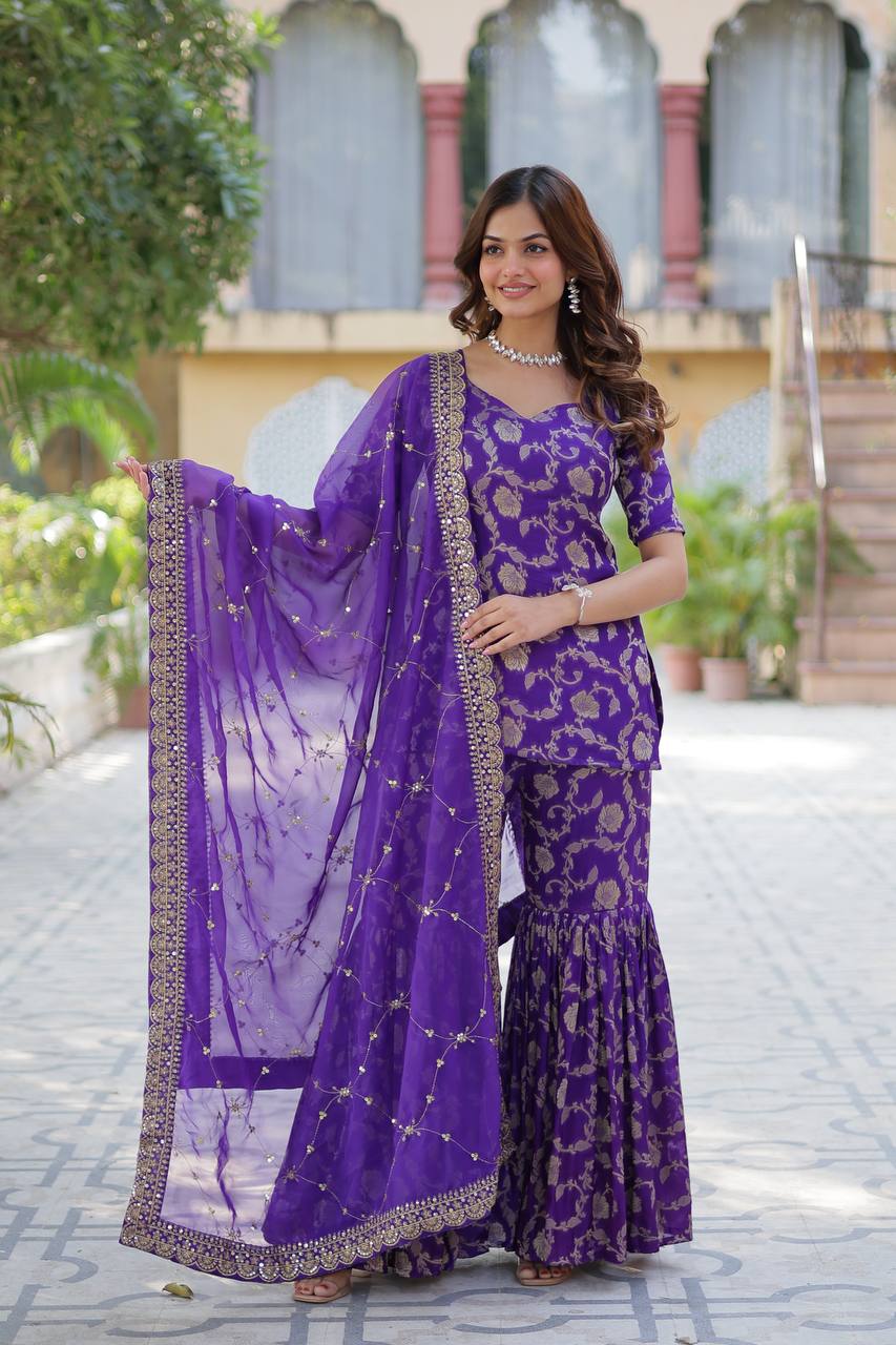 Pattern Wedding & Party Wear Georgette Purple Color Sharara Suit