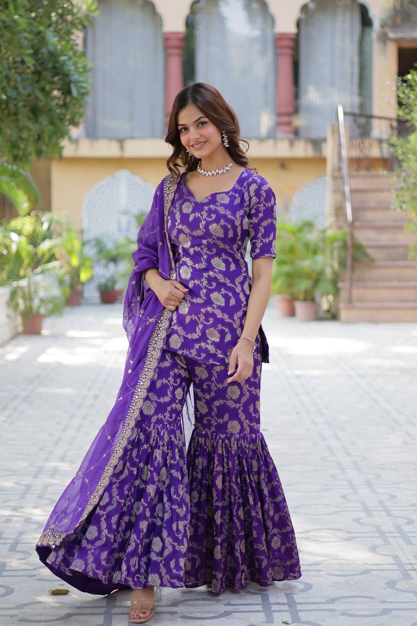 Pattern Wedding & Party Wear Georgette Purple Color Sharara Suit