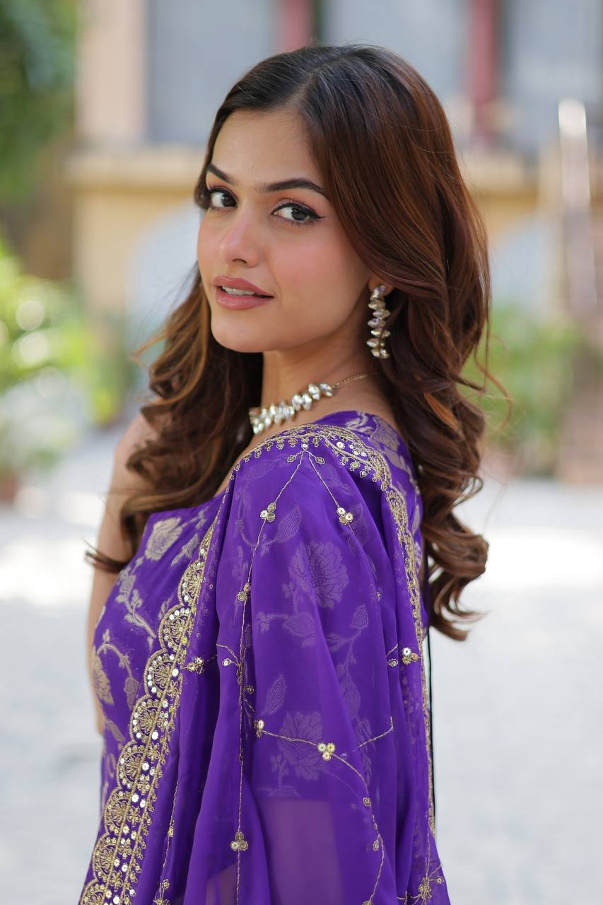 Pattern Wedding & Party Wear Georgette Purple Color Sharara Suit