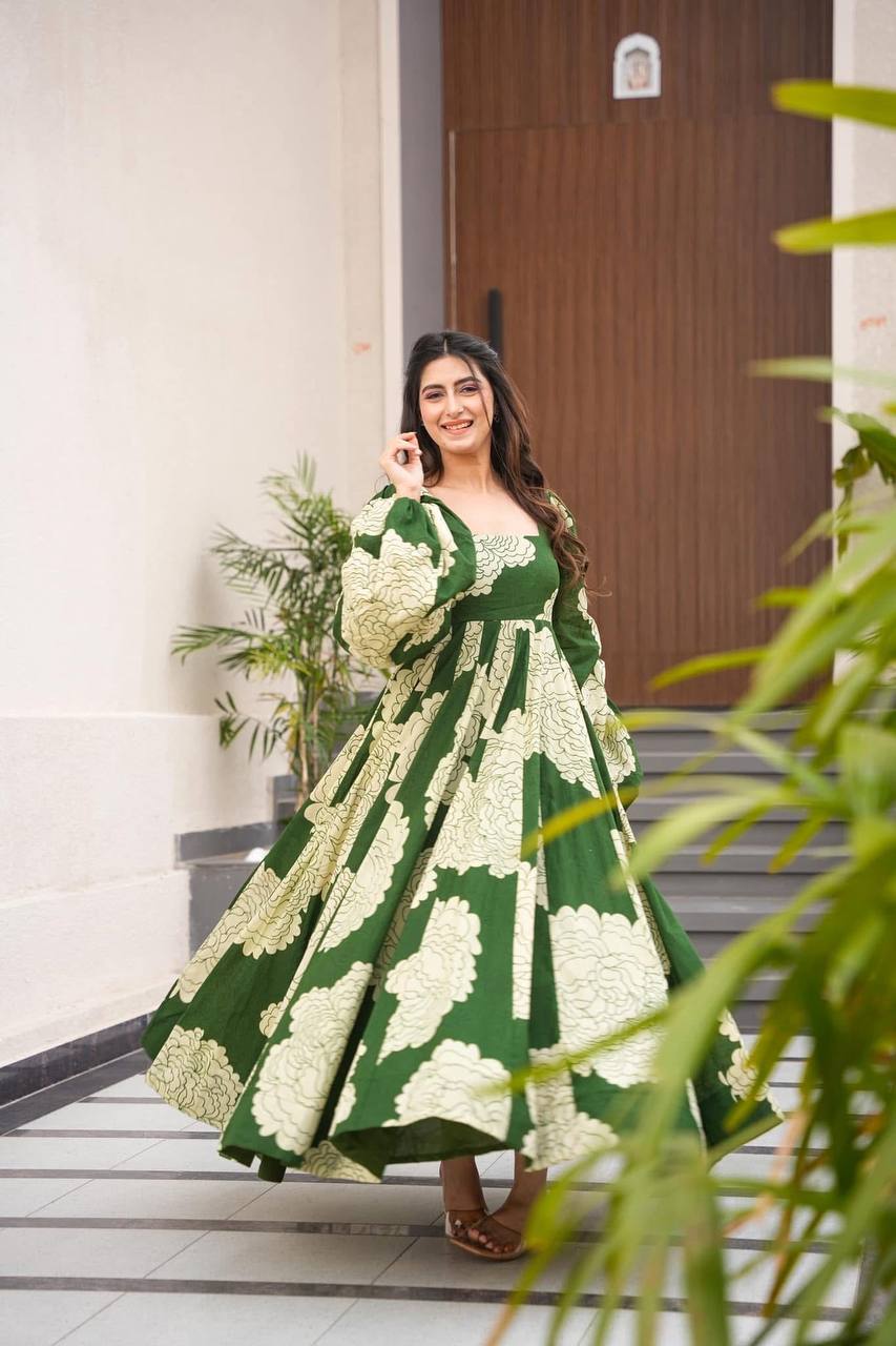 Awesome Maslin Print Work Green Color Gown