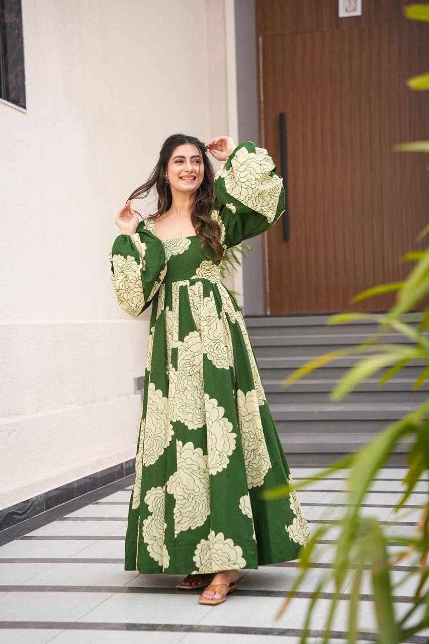 Awesome Maslin Print Work Green Color Gown