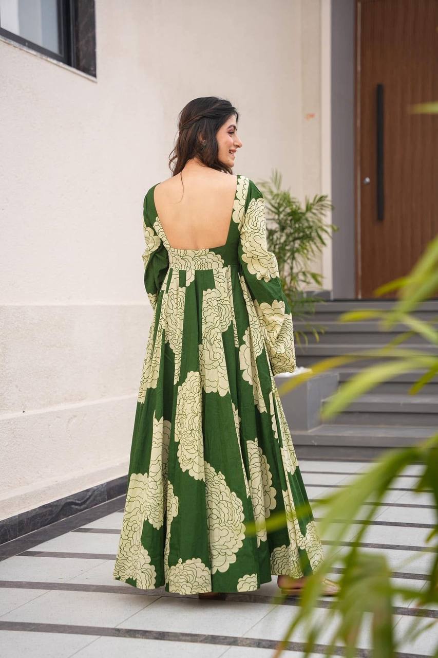 Awesome Maslin Print Work Green Color Gown