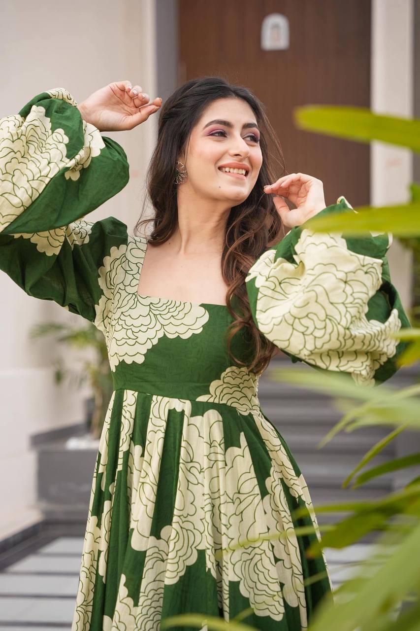 Awesome Maslin Print Work Green Color Gown