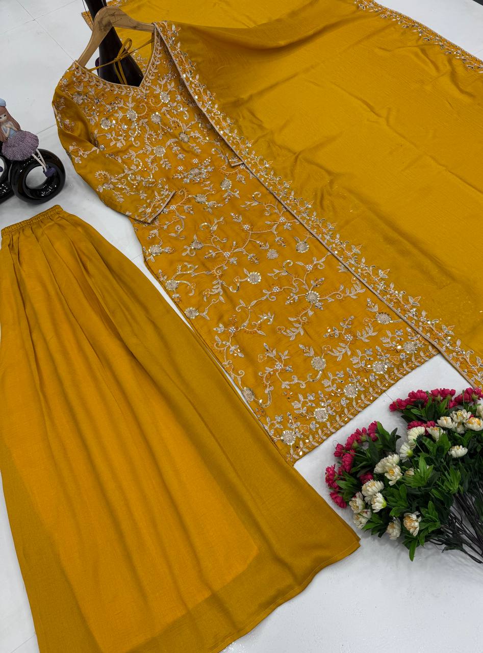 Delightful Embroidery sequence Work Yellow Color Sharara Suit