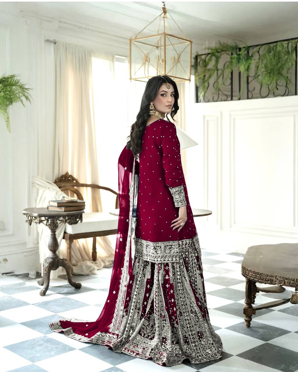 Party Wear Sequence Work Red Color Top Gharara With Dupatta Set