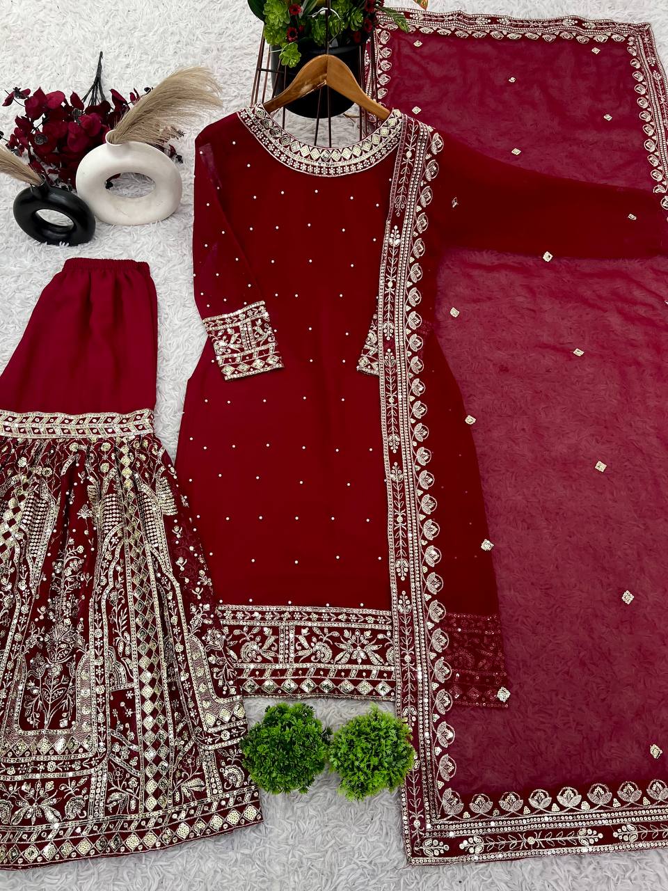 Party Wear Sequence Work Red Color Top Gharara With Dupatta Set