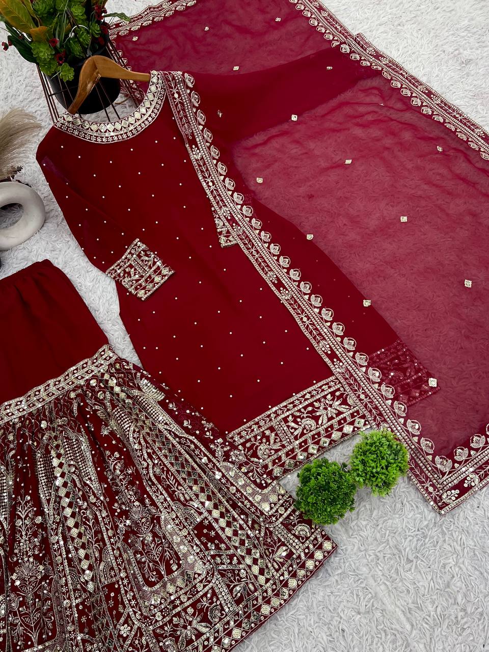 Party Wear Sequence Work Red Color Top Gharara With Dupatta Set