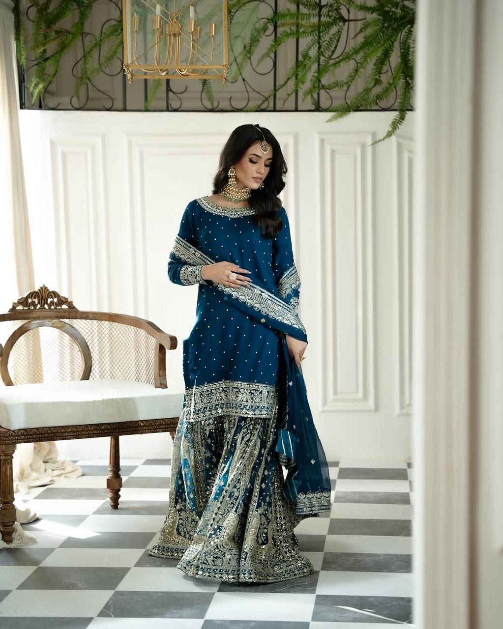 Party Wear Sequence Work Navy Blue Color Top Gharara With Dupatta Set