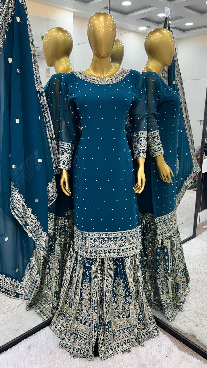 Party Wear Sequence Work Navy Blue Color Top Gharara With Dupatta Set