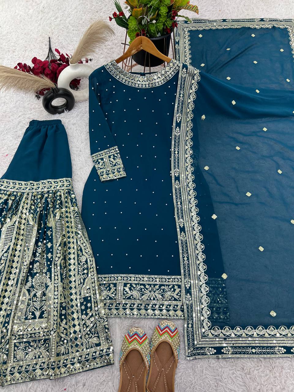 Party Wear Sequence Work Navy Blue Color Top Gharara With Dupatta Set