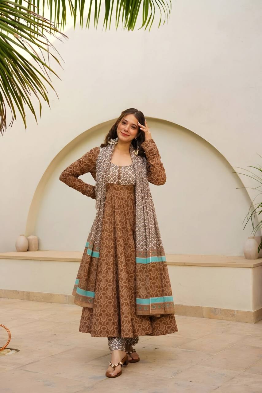 Glimmering Digital Print Work Brown Color Anarkali Suit