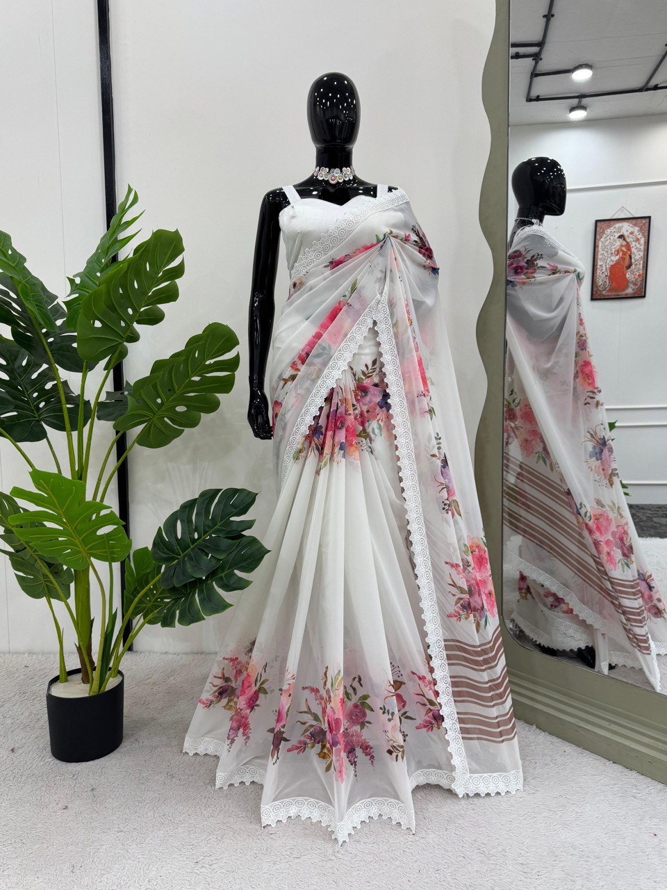 Outstanding Digital Print White Color Designer Saree