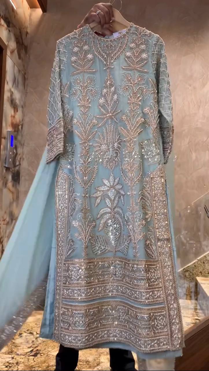 Mesmerizing Embroidery Work Blue Color Sharara Suit