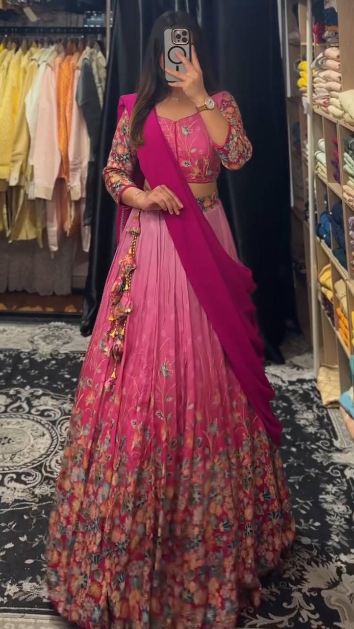 Fashionable Cotton Kalamkari Print Pink Shades Lehenga Choli