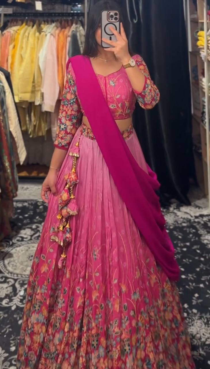 Fashionable Cotton Kalamkari Print Pink Shades Lehenga Choli