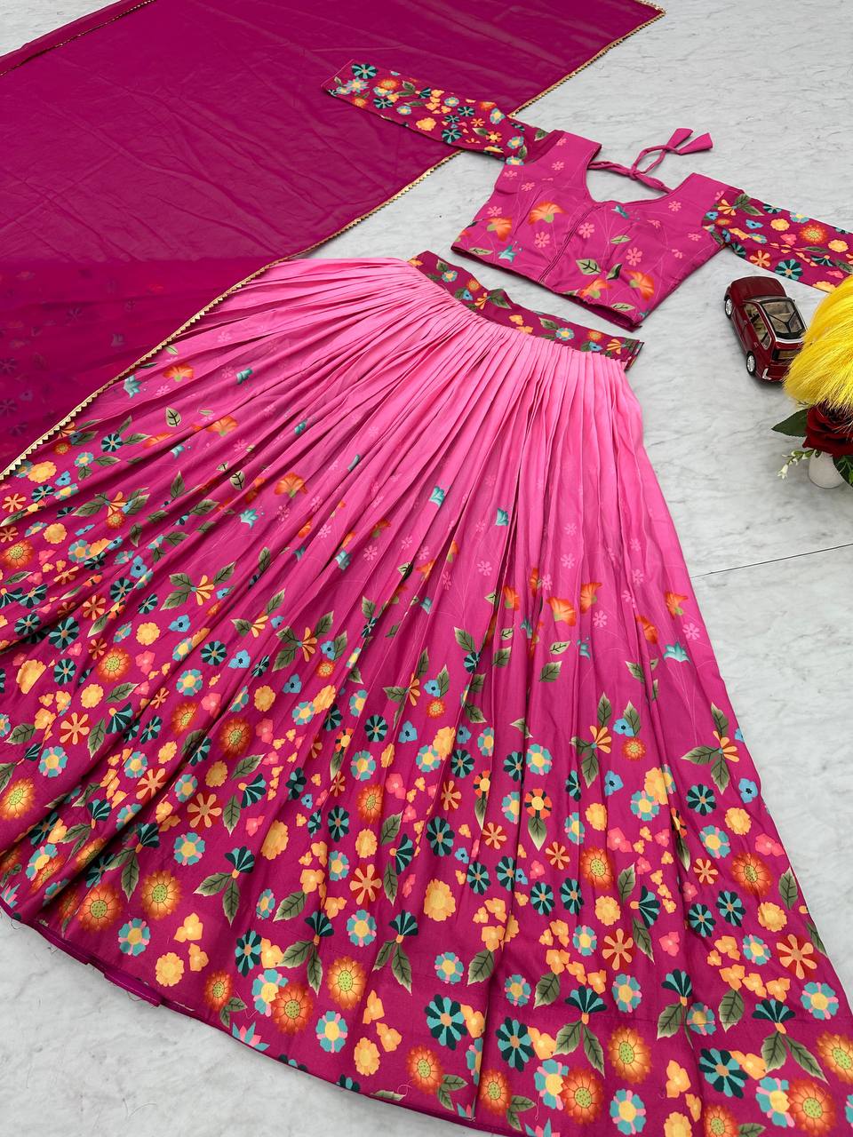 Fashionable Cotton Kalamkari Print Pink Shades Lehenga Choli