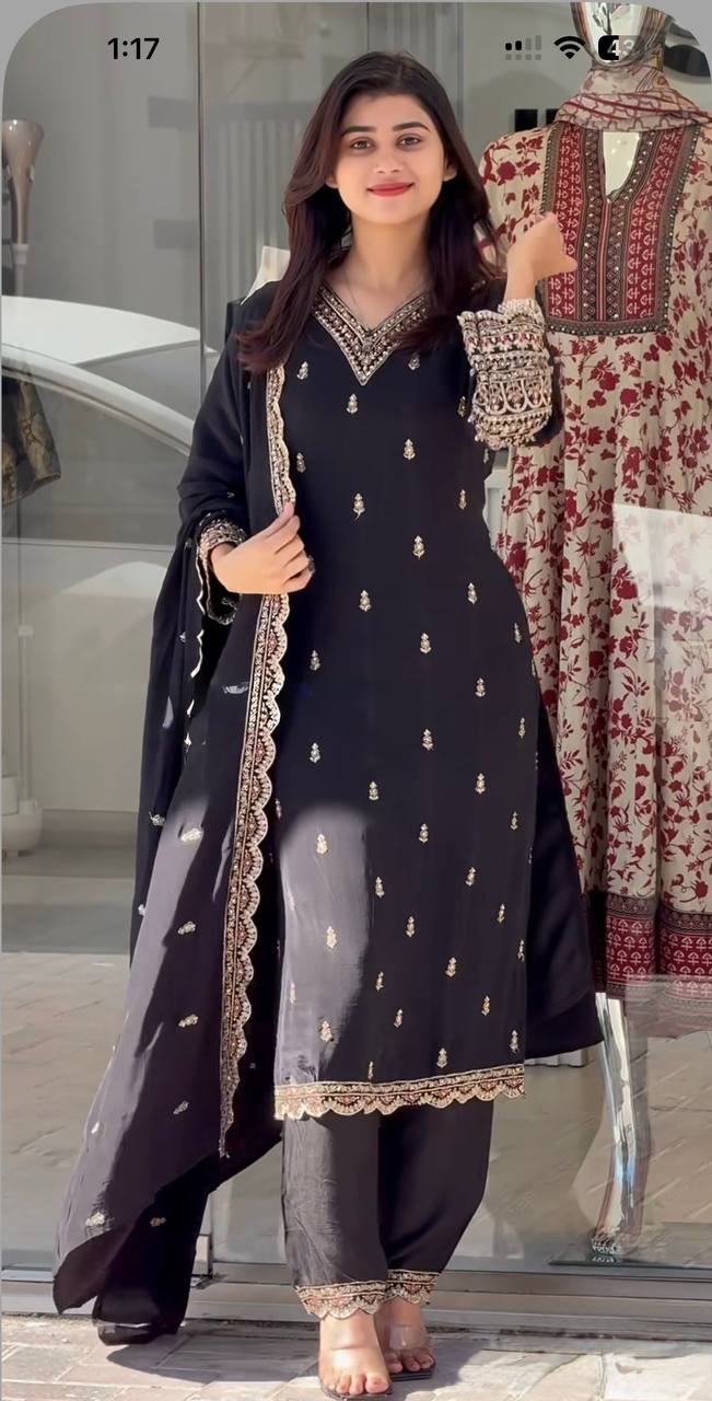 Innovative Embroidery And 5mm Sequence Work Black Color Salwar Suit