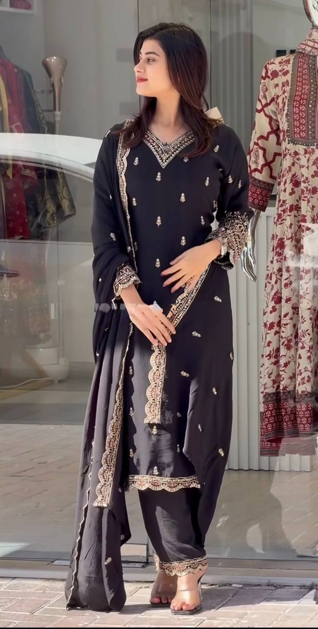 Innovative Embroidery And 5mm Sequence Work Black Color Salwar Suit