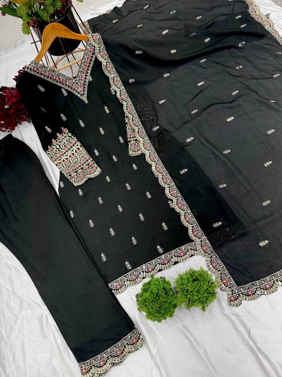 Innovative Embroidery And 5mm Sequence Work Black Color Salwar Suit