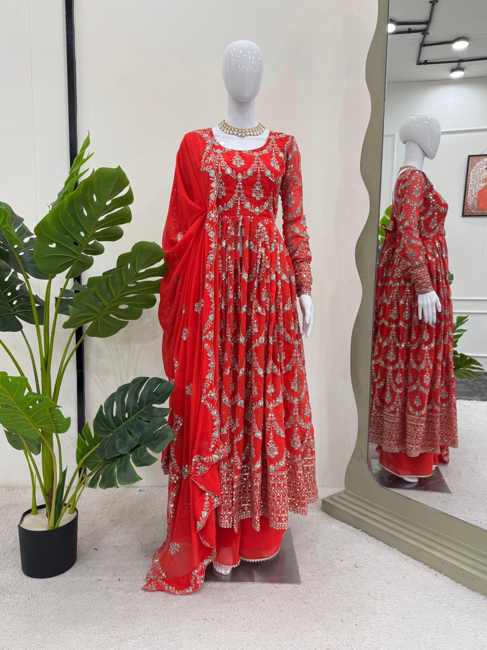 Delightful Thread With Sequence Work Red Color Anarkali Suit