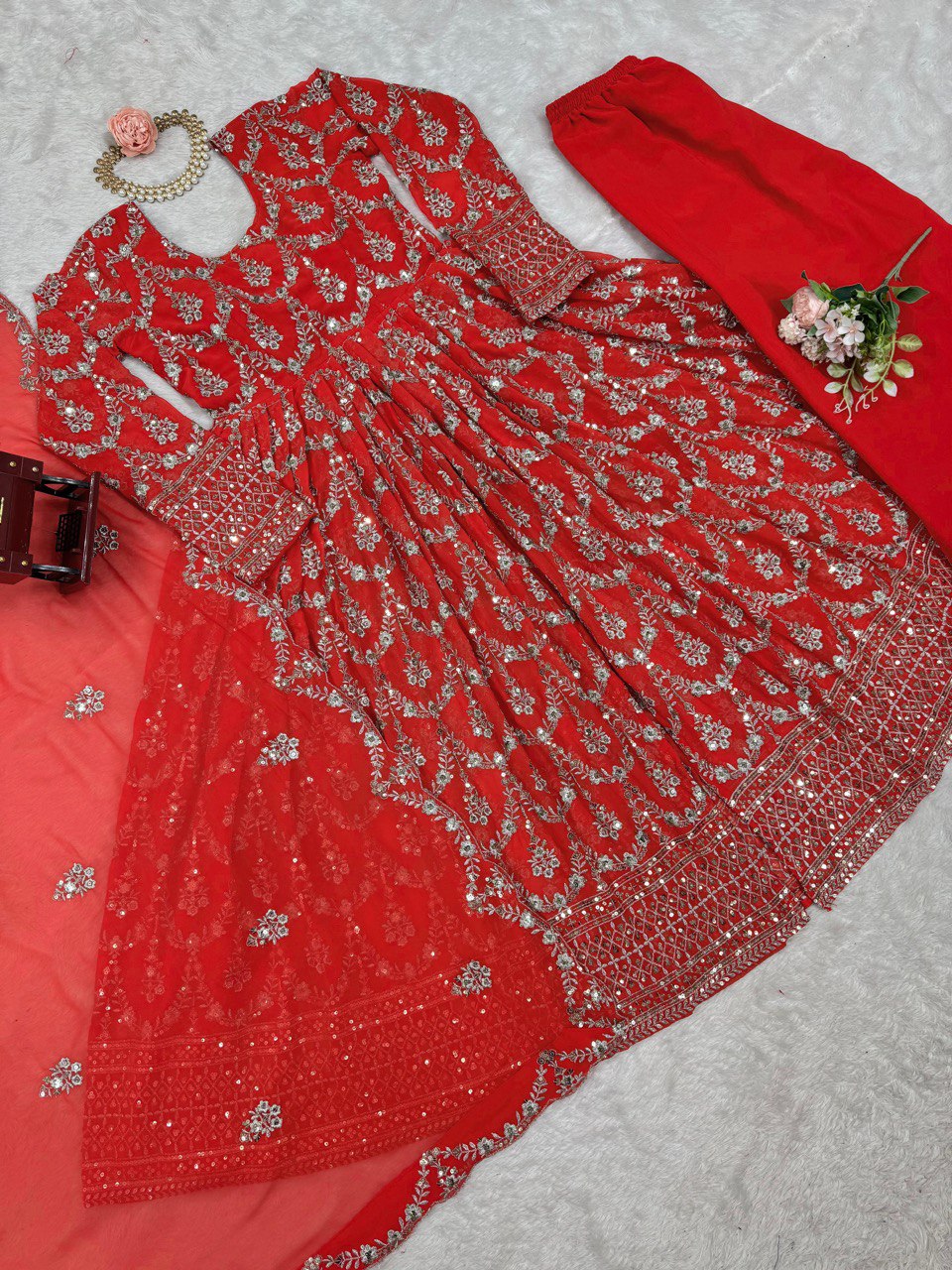 Delightful Thread With Sequence Work Red Color Anarkali Suit