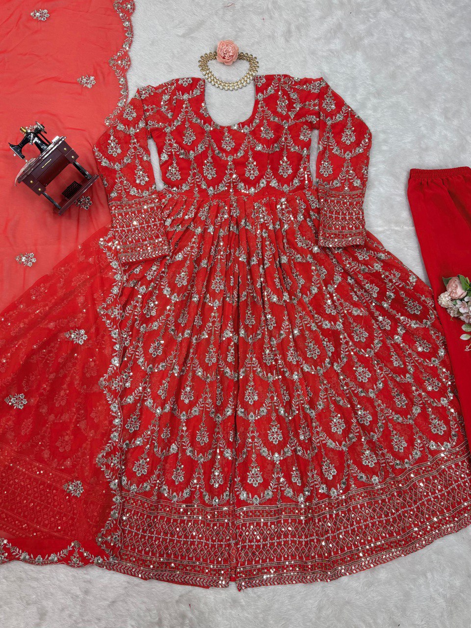 Delightful Thread With Sequence Work Red Color Anarkali Suit