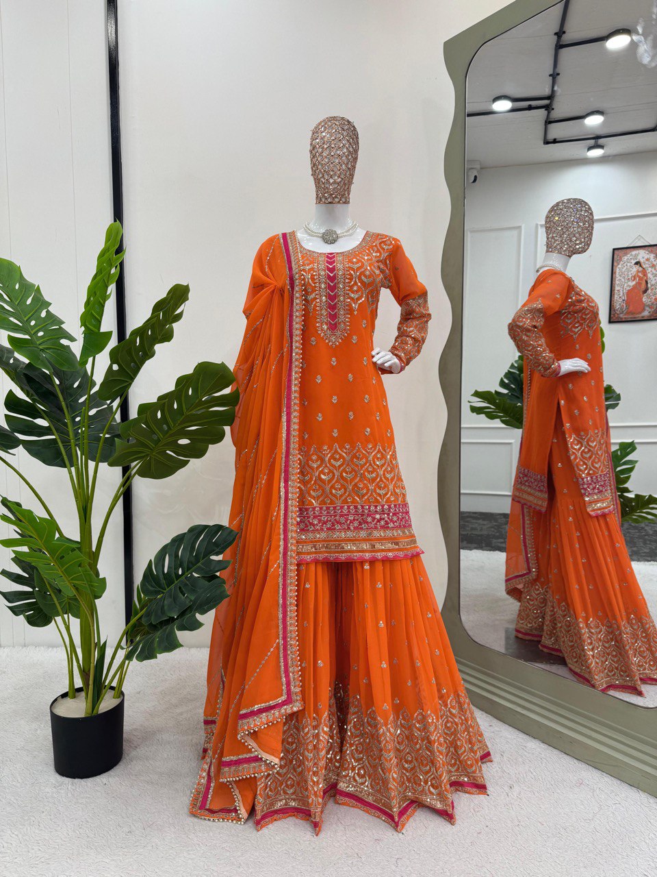 Ravishing Thread With Sequence Work Orange Color Sharara Suit