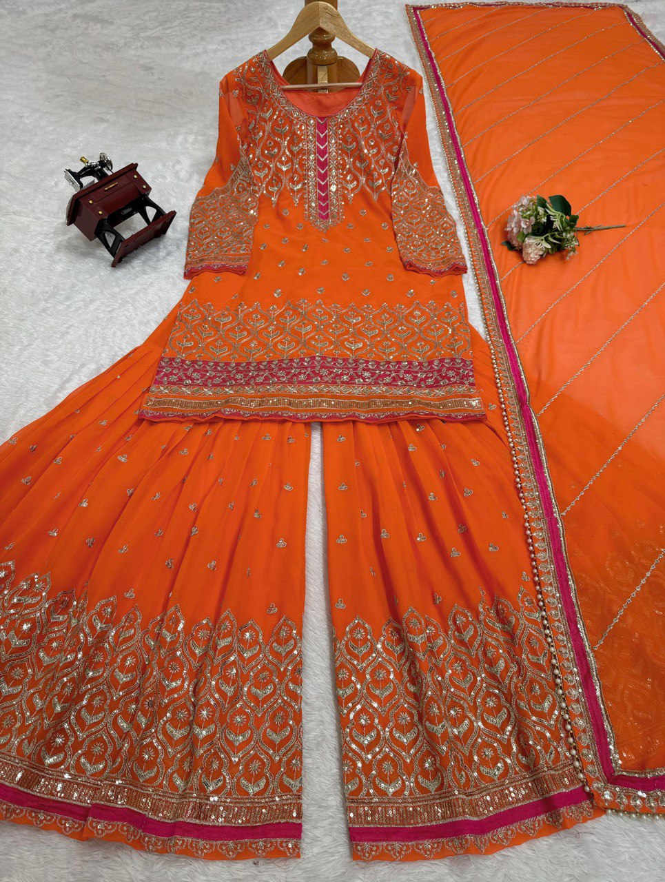 Ravishing Thread With Sequence Work Orange Color Sharara Suit