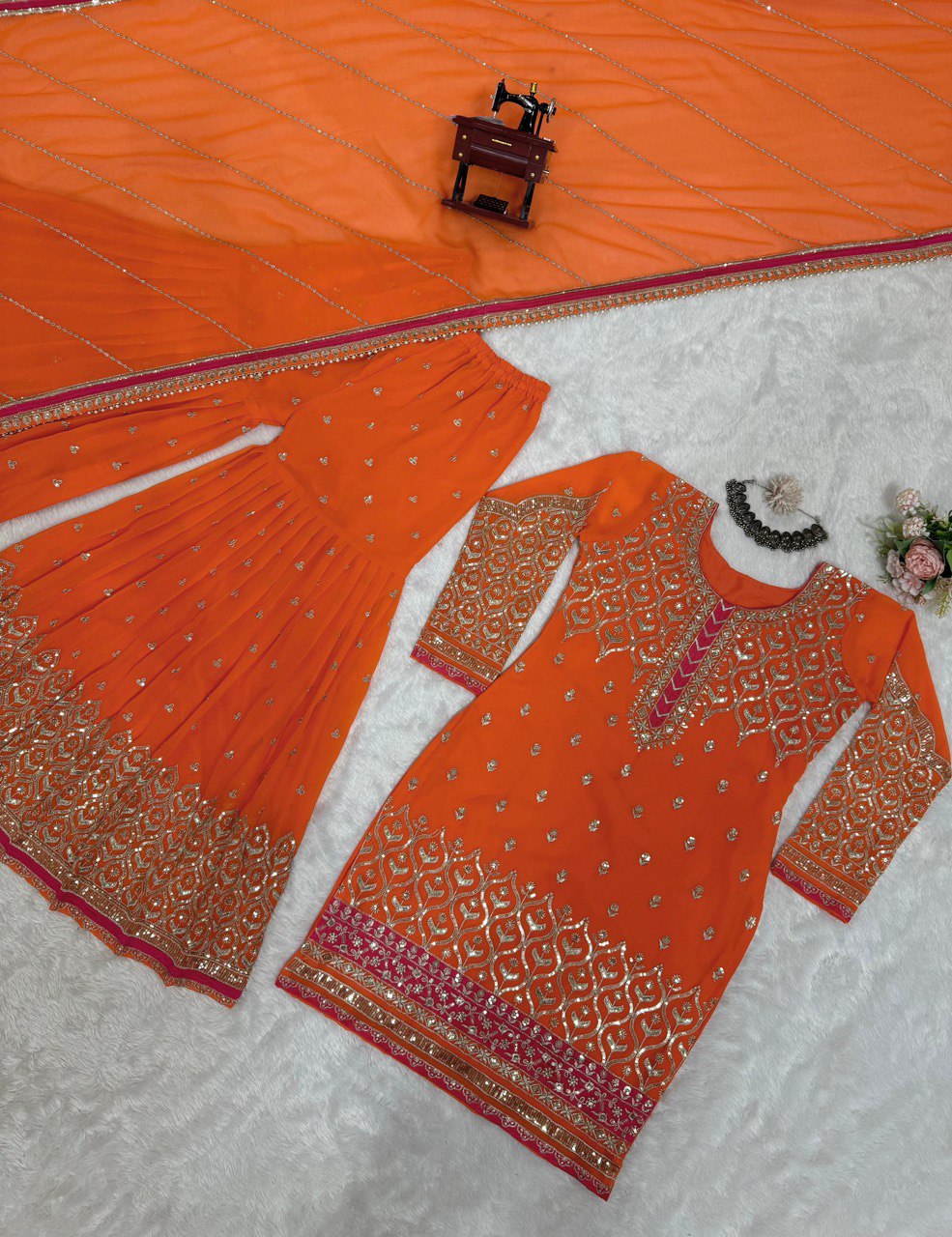 Ravishing Thread With Sequence Work Orange Color Sharara Suit