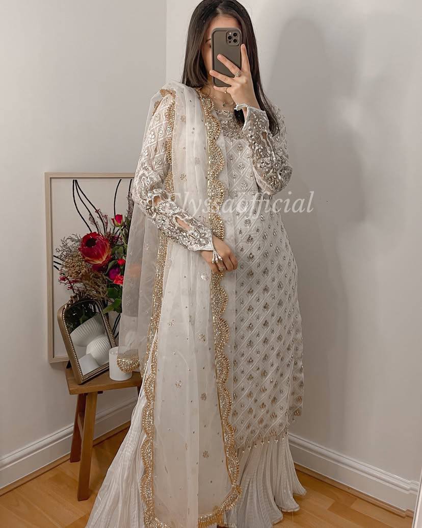 Blissful Sequence Embroidery White Color Sharara Suit