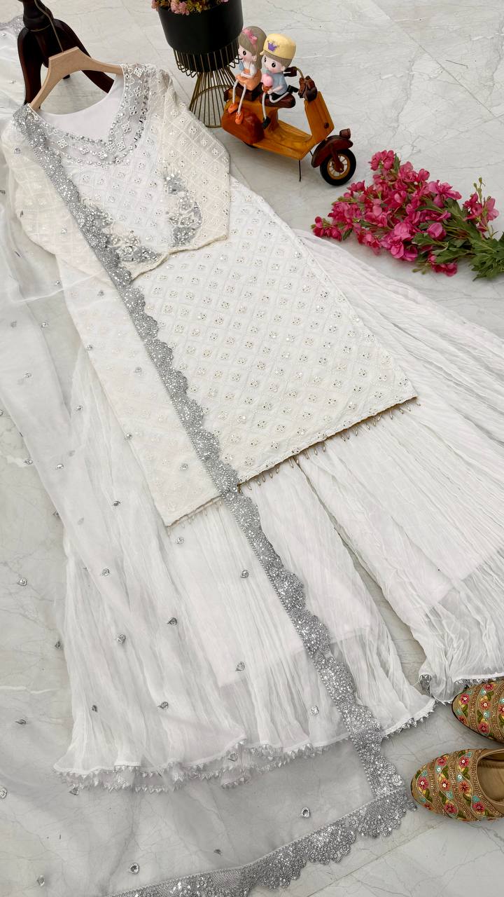 Blissful Sequence Embroidery White Color Sharara Suit