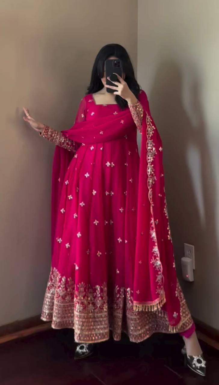 Captivating Embroidery Work  Pink Color Anarkali Suit