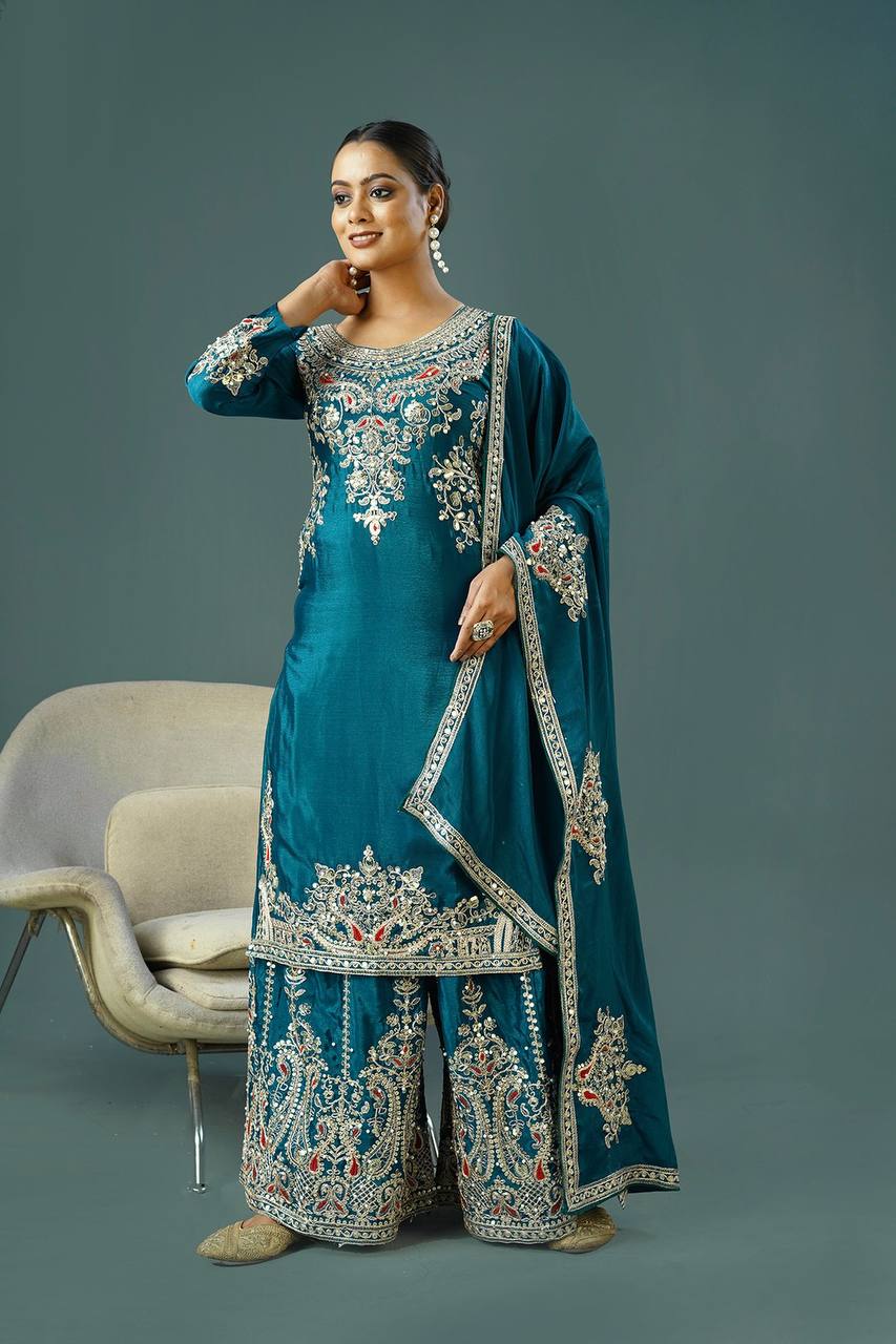 Pattern Wedding & Party Wear Sequence Work Blue Color Sharara Suit