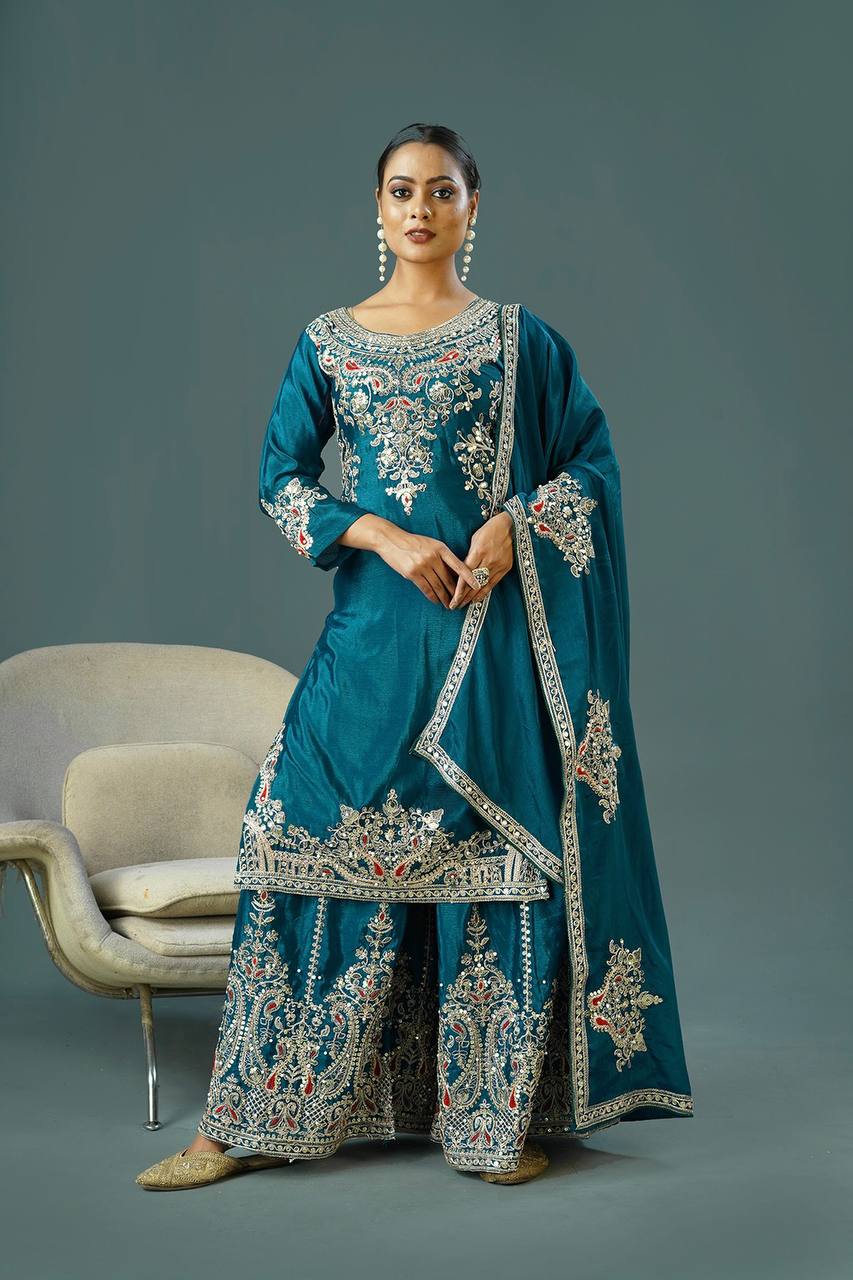 Pattern Wedding & Party Wear Sequence Work Blue Color Sharara Suit