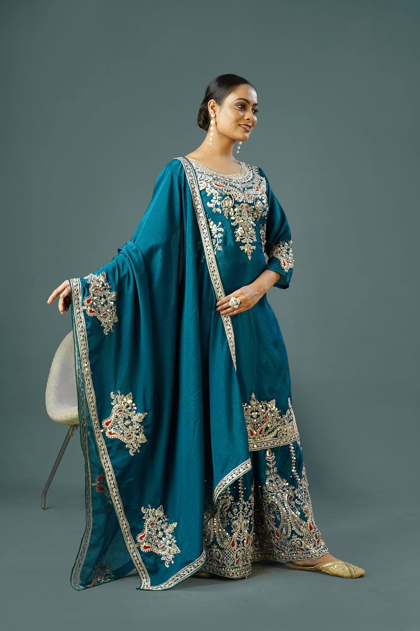 Pattern Wedding & Party Wear Sequence Work Blue Color Sharara Suit