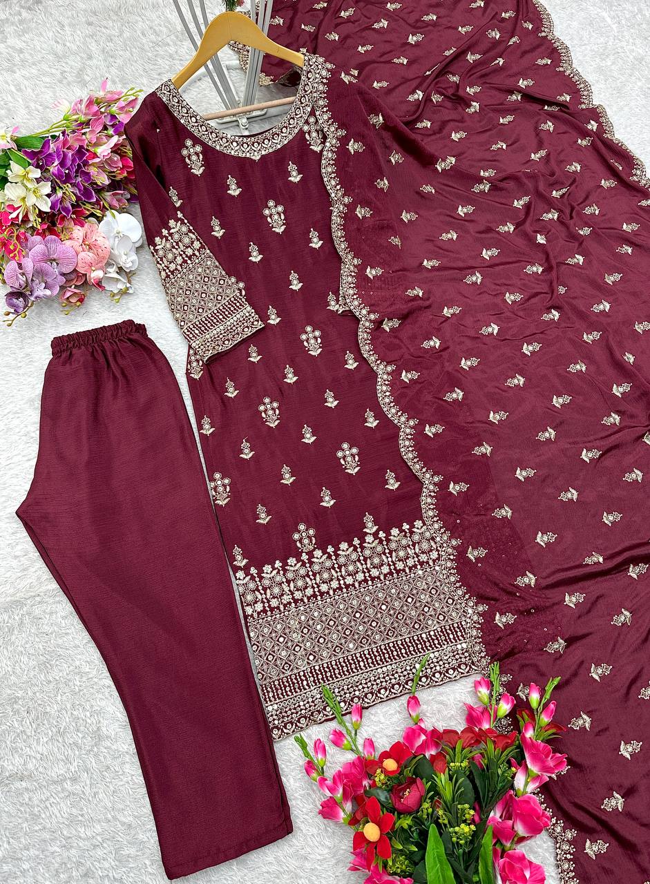 Ravishing  Sequence Work Maroon Color Top With Dupatta Set