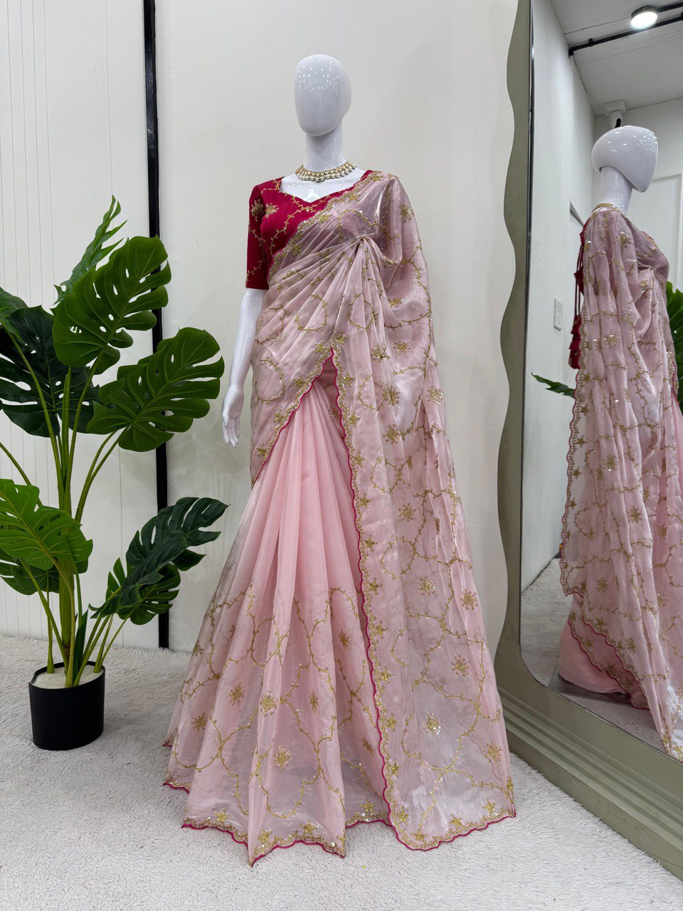 Innovative Thred With Sequence Work Pink Color Designer Saree