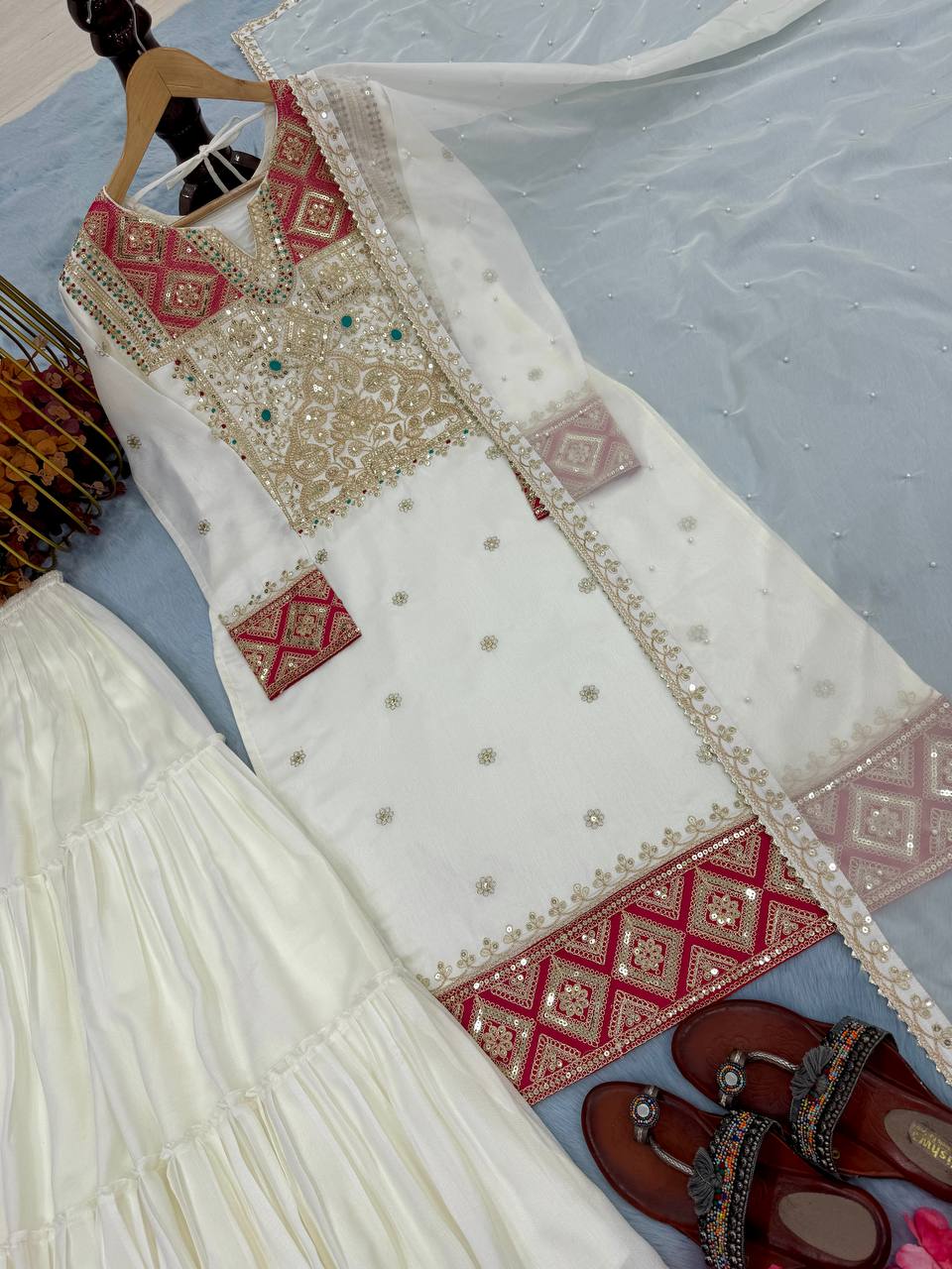 Marvelous Coding Dori Work White Color Top Sharara With Dupatta Set