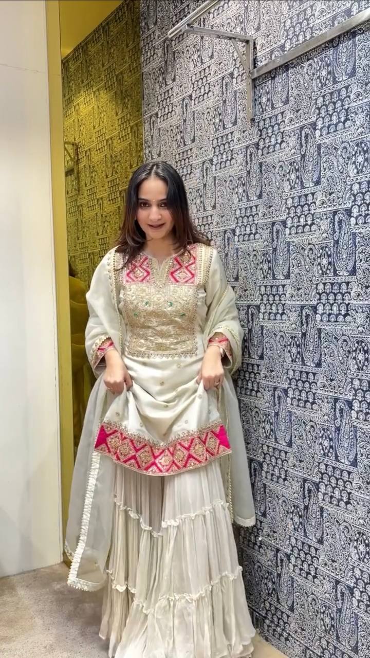 Marvelous Coding Dori Work White Color Top Sharara With Dupatta Set