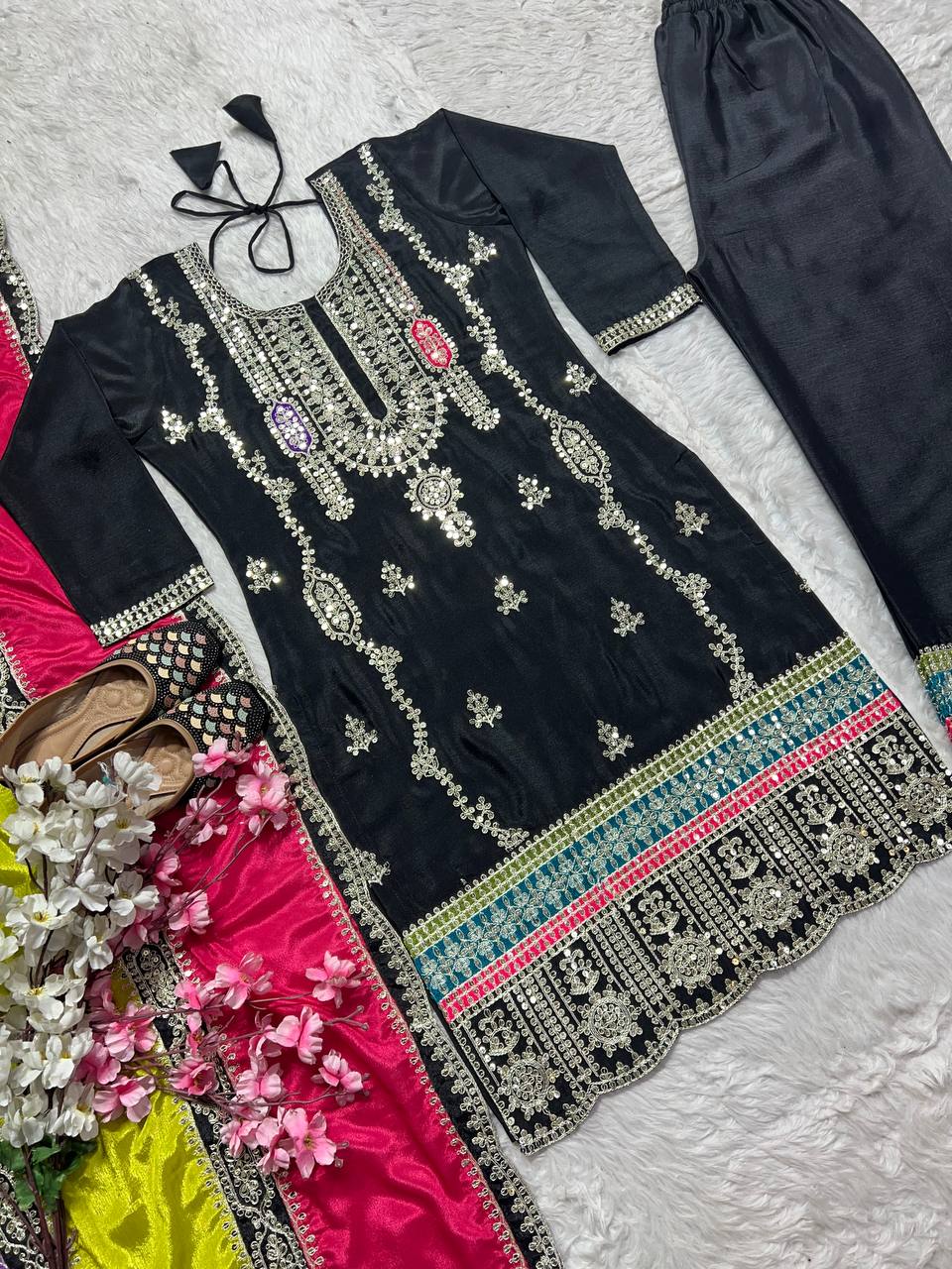 Pattern Wedding & Party Wear Embroidery Sequence Work Black Color Sharara Suit